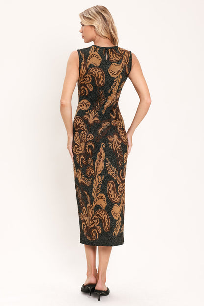 Vintage Garden Jacquard Sweater Knit Midi Dress