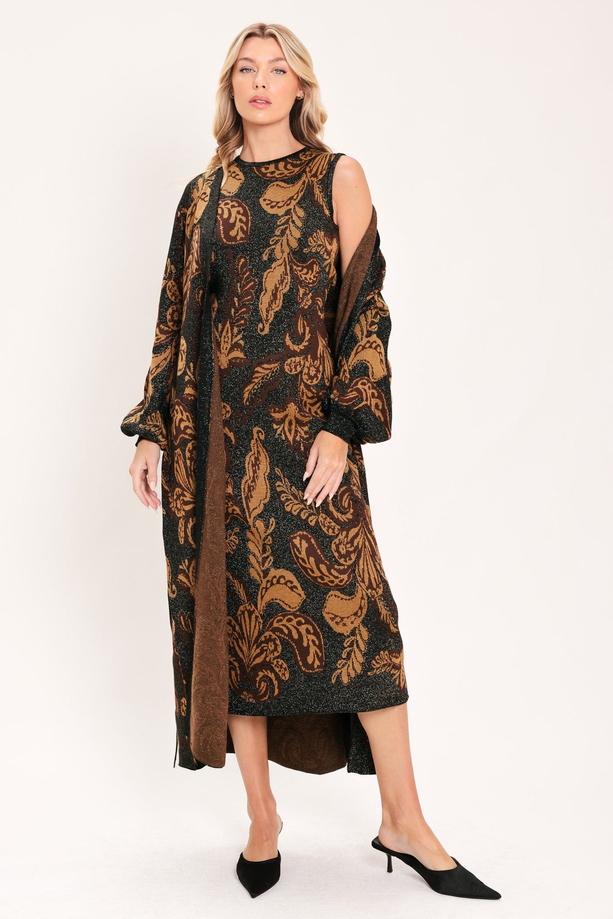 Vintage Garden Jacquard Sweater Knit Midi Dress