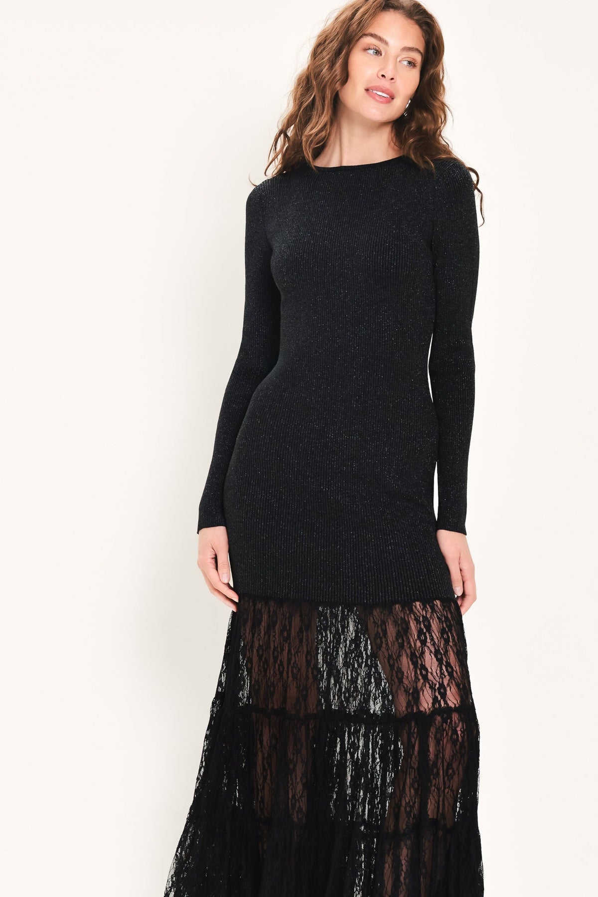 Midnight Shimmer Black Metallic Lace-hem Sweater Maxi Dress