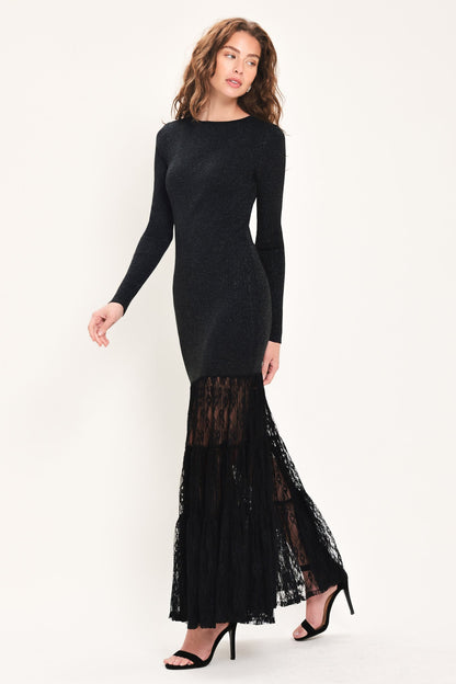 Midnight Shimmer Black Metallic Lace-hem Sweater Maxi Dress