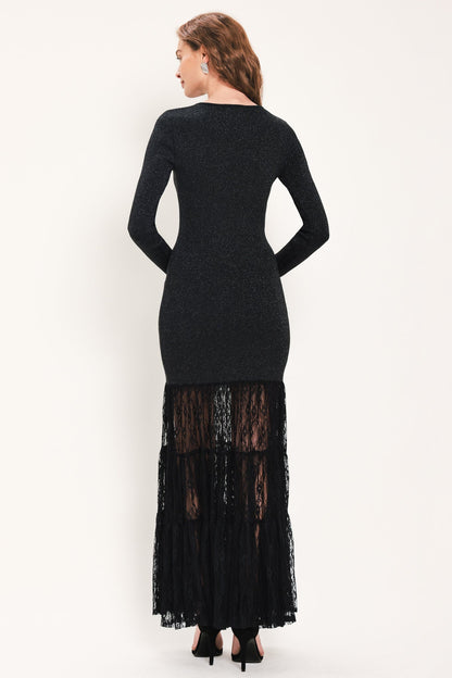 Midnight Shimmer Black Metallic Lace-hem Sweater Maxi Dress