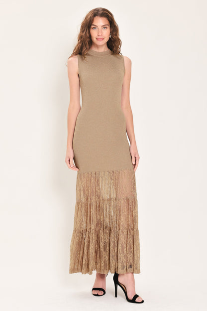 Gilded Grace Gold Metallic Lace-tier Sweater Maxi Dress