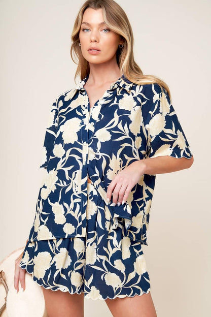 Slow Mornings Navy Woven Top and Shorts Set