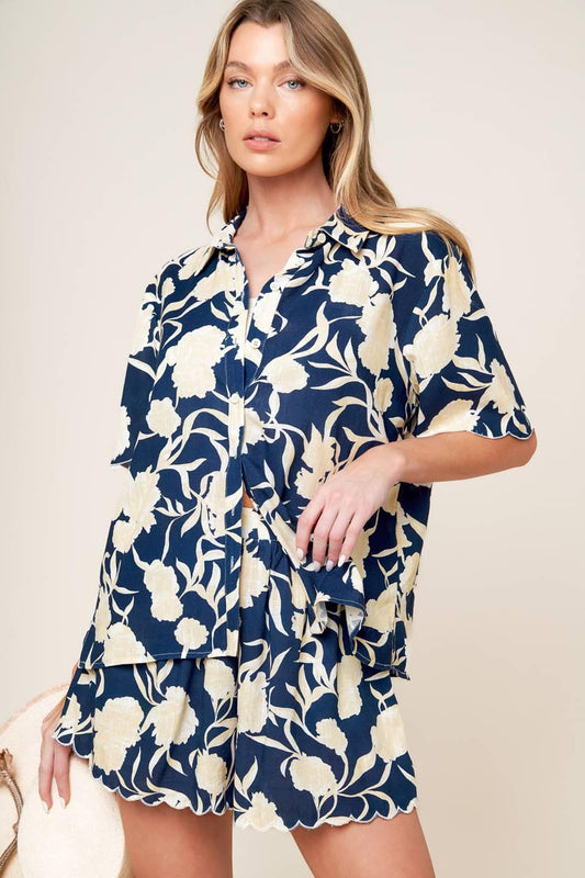Slow Mornings Navy Woven Top and Shorts Set