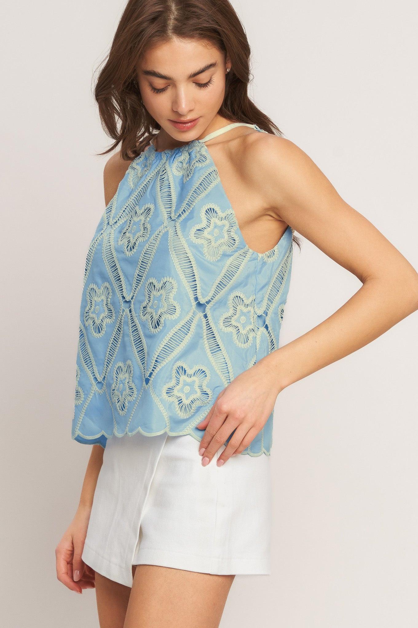 Sky Lace Summer Halter Woven Top