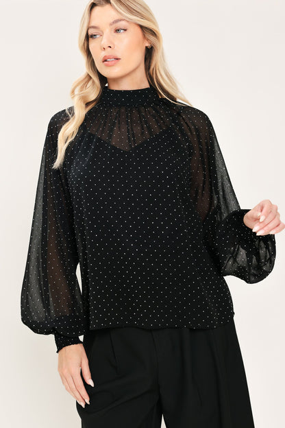 Noir Radiance Black Embellished Raglan-sleeve Top