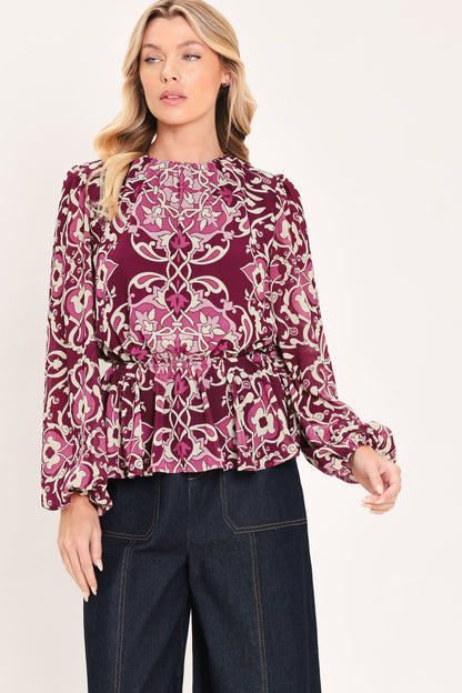 Fuchsia Garden Motif Woven Top