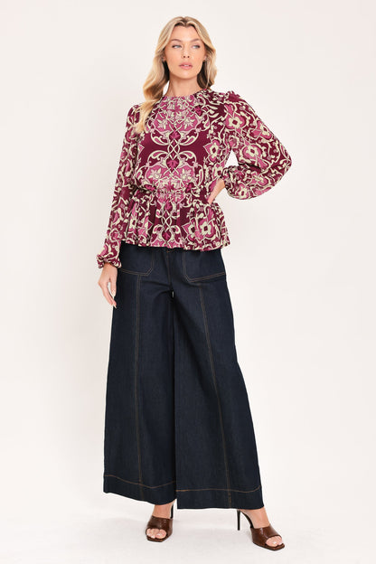 Fuchsia Garden Motif Woven Top