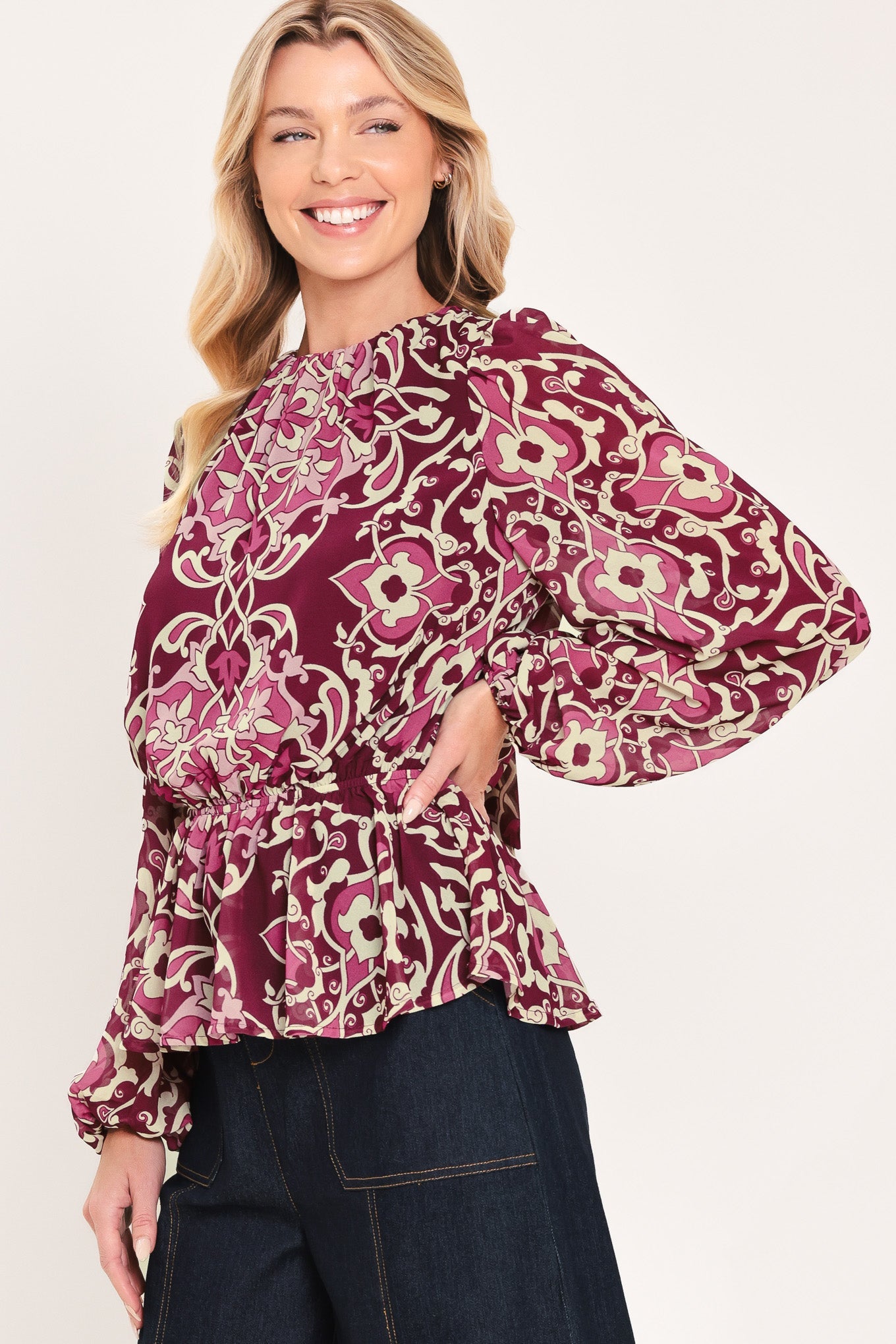 Fuchsia Garden Motif Woven Top