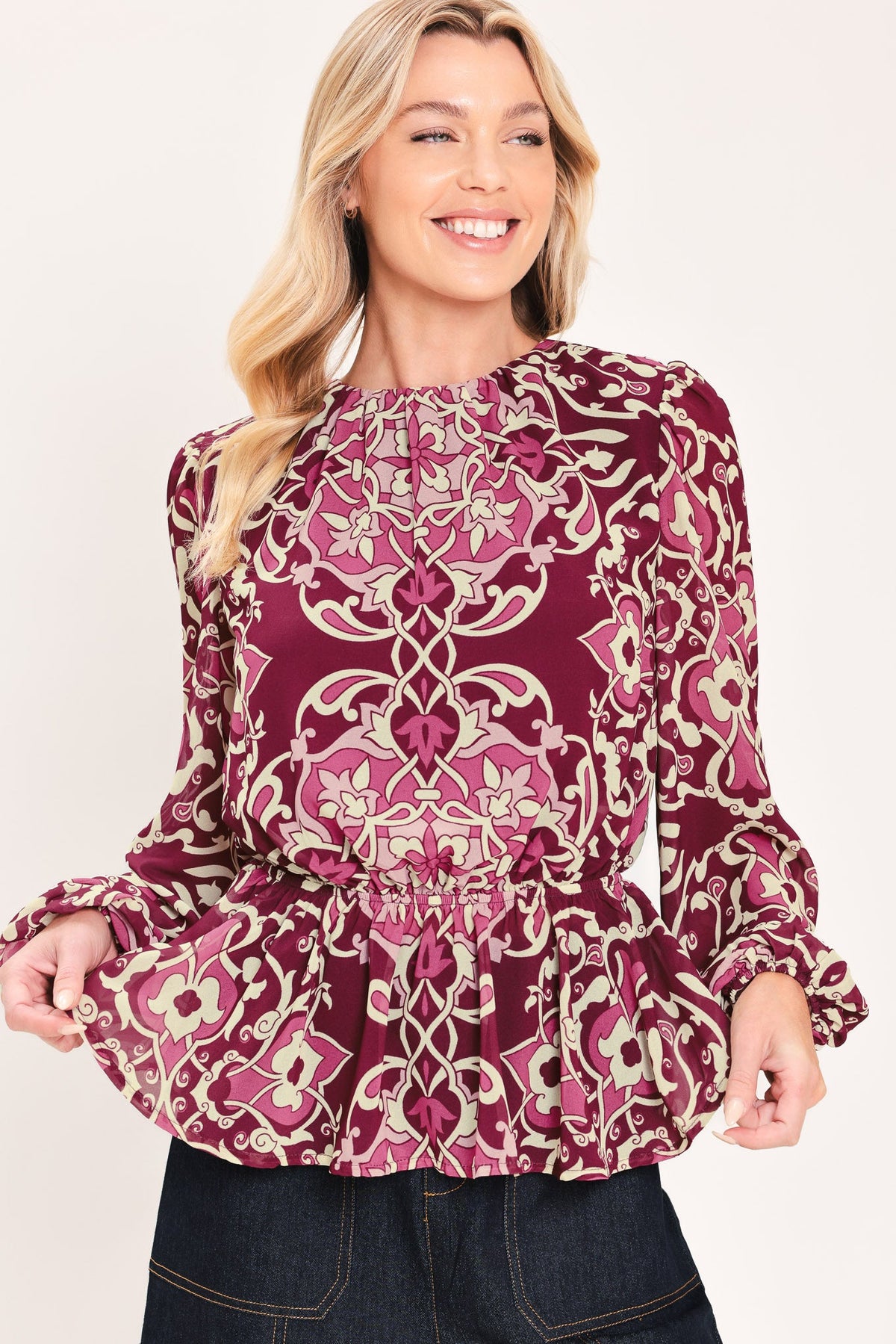Fuchsia Garden Motif Woven Top