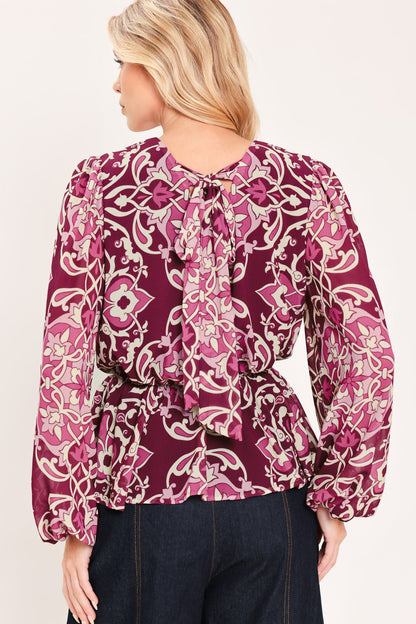 Fuchsia Garden Motif Woven Top