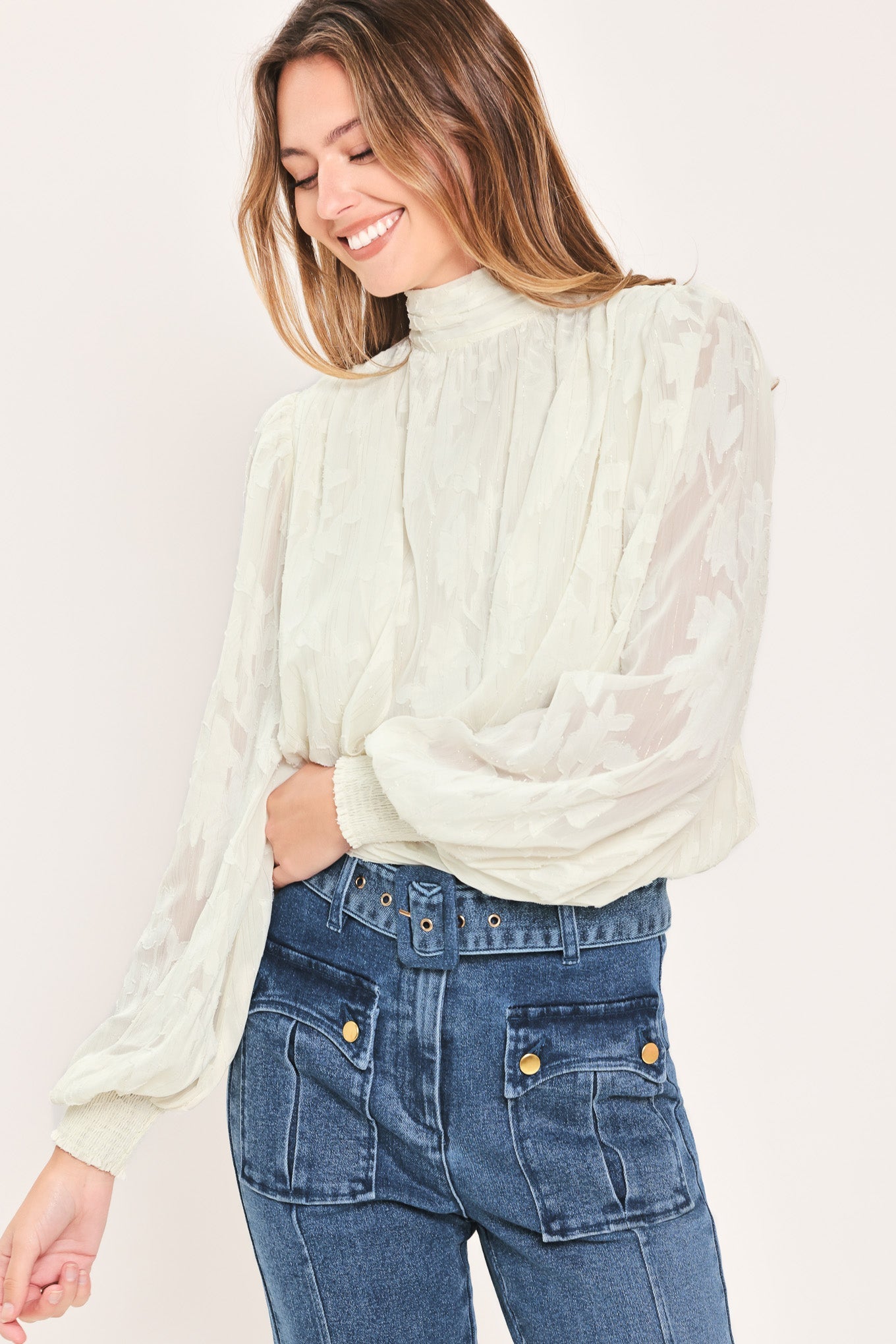 Ivory Cloud Embrace Woven Jacquard Top