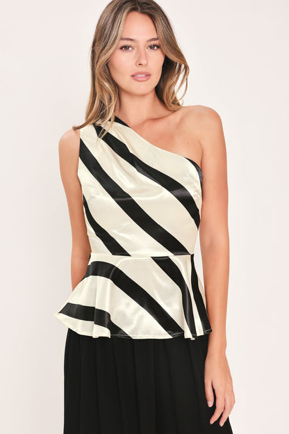 Monochrome Moment Satin One-shoulder Peplum Top