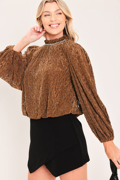 Auburn Shimmer Muse Woven Velvet Lace Top
