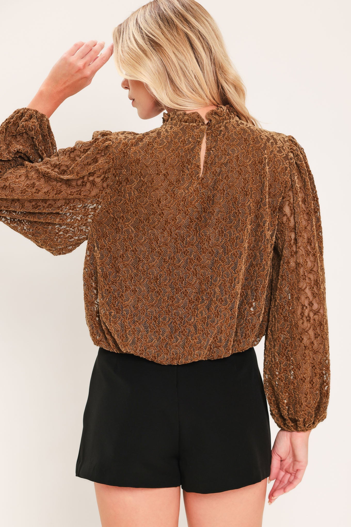 Auburn Shimmer Muse Woven Velvet Lace Top