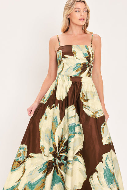 Cream Botanic Sweep Woven Crop Top and Full Skirt Set