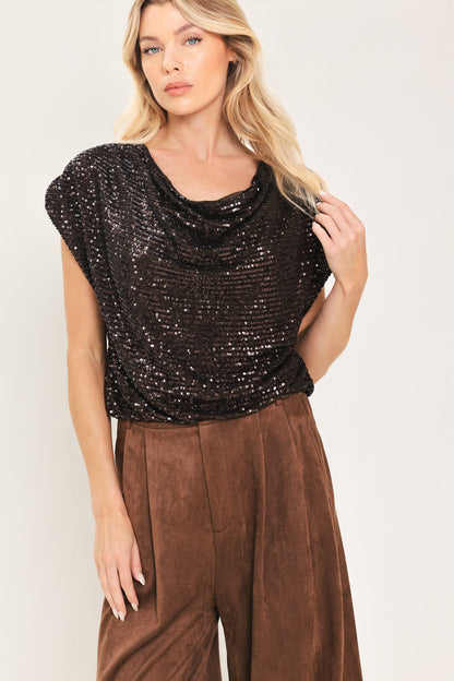 Bronze Glow Brown Sequin Cowl-neck Dolman Top