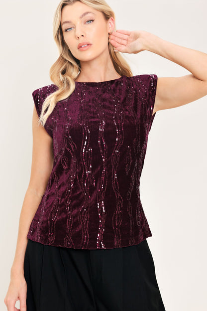 Burgundy Spark Burgundy Sequin Velvet Padded-shoulder Top