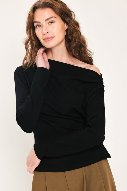 After Hours Black Draped One-shoulder Top
