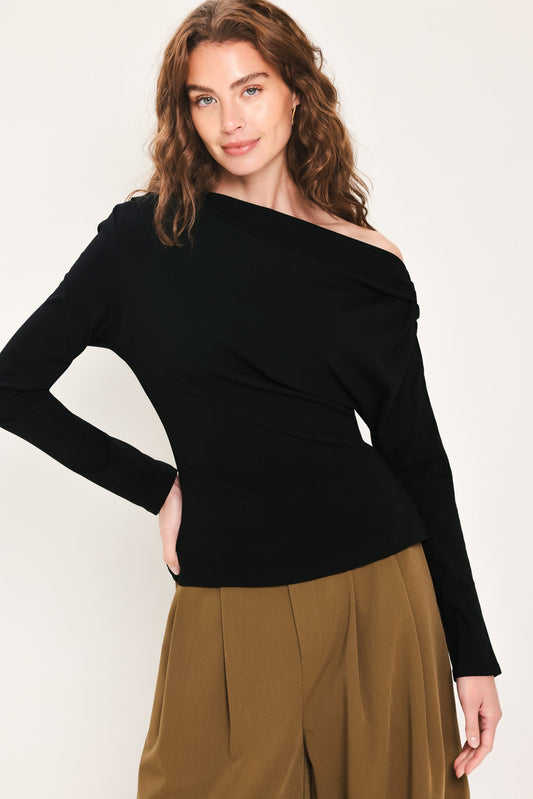 After Hours Black Draped One-shoulder Top