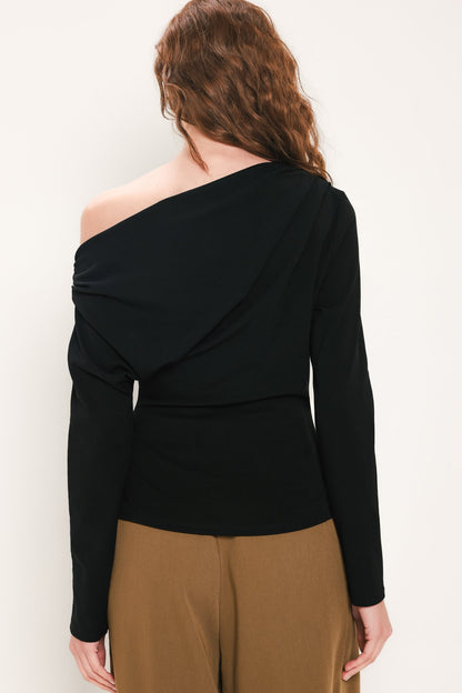 After Hours Black Draped One-shoulder Top