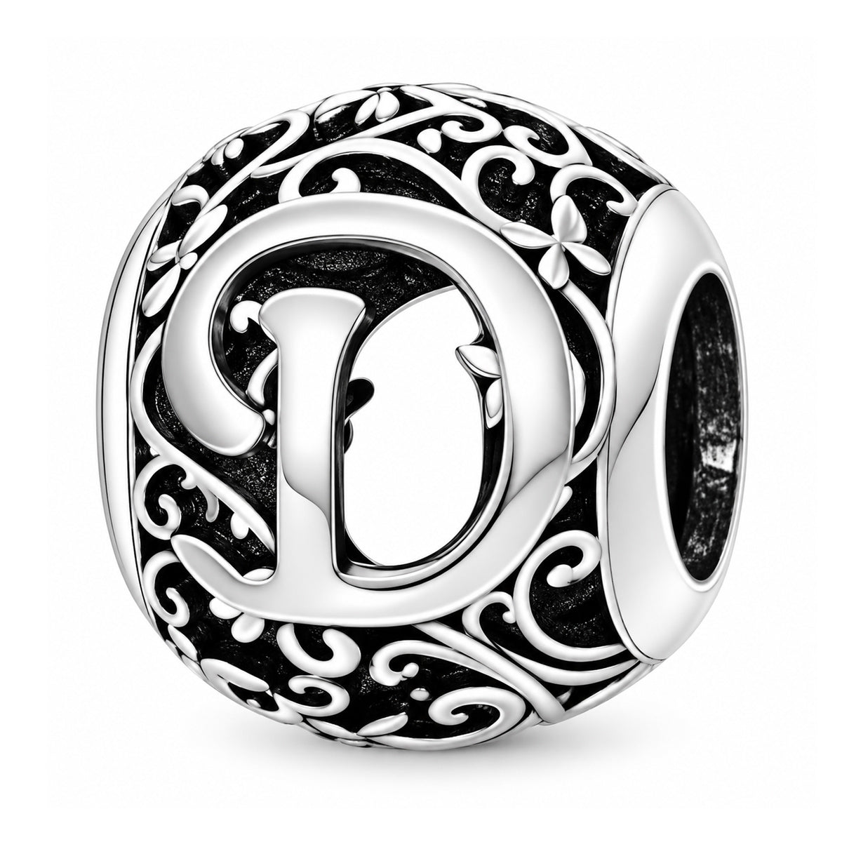Sterling silver round alphabet charm - D
