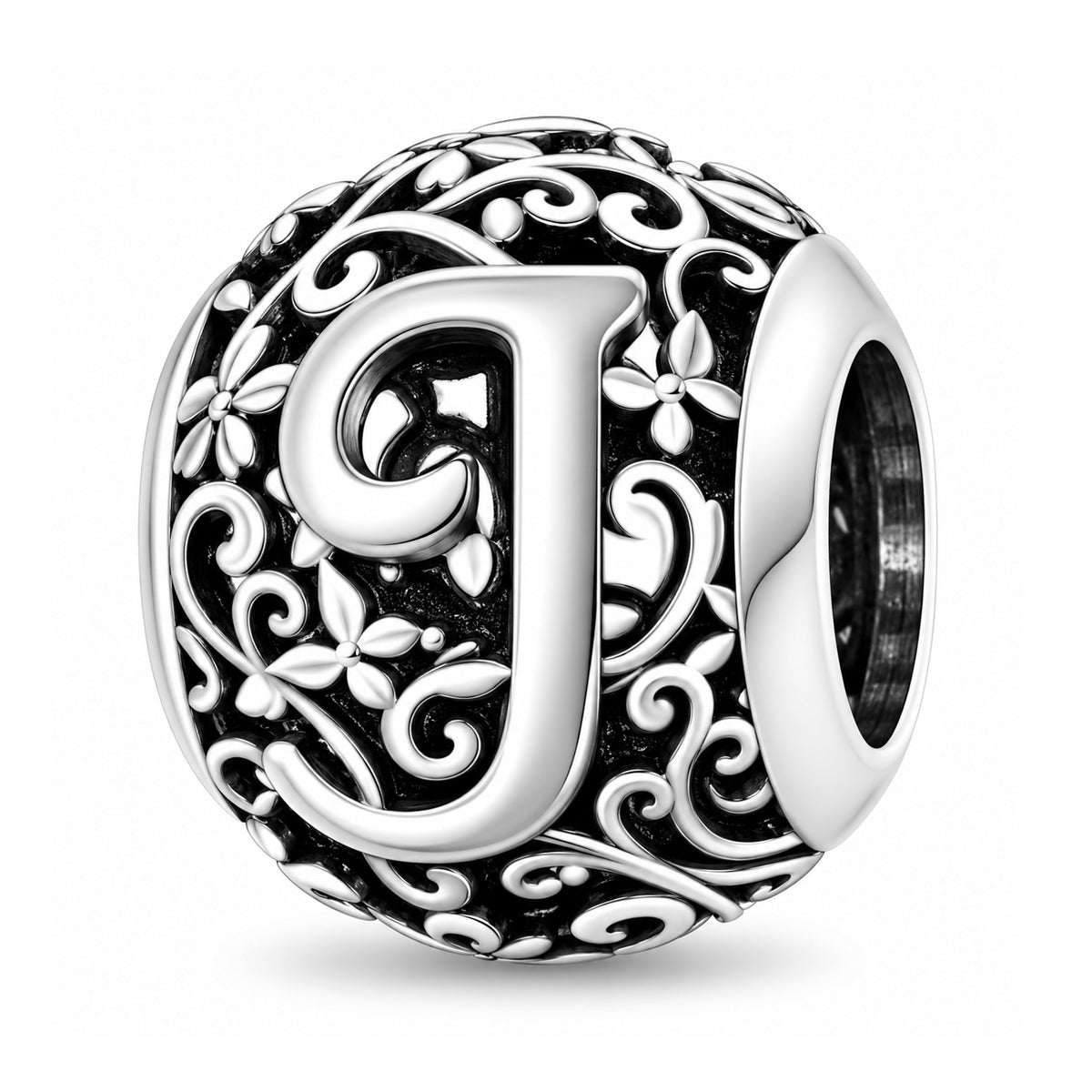 Sterling silver round alphabet charm - J