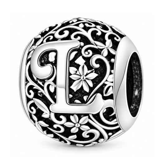 Sterling silver round alphabet charm - L
