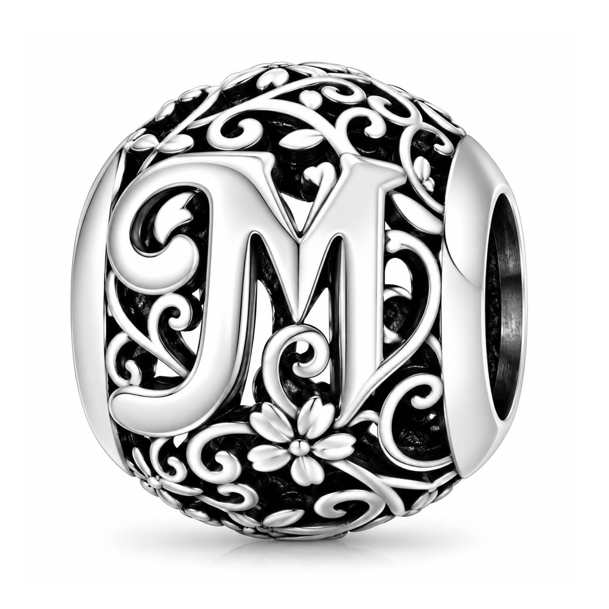Sterling silver round alphabet charm - M