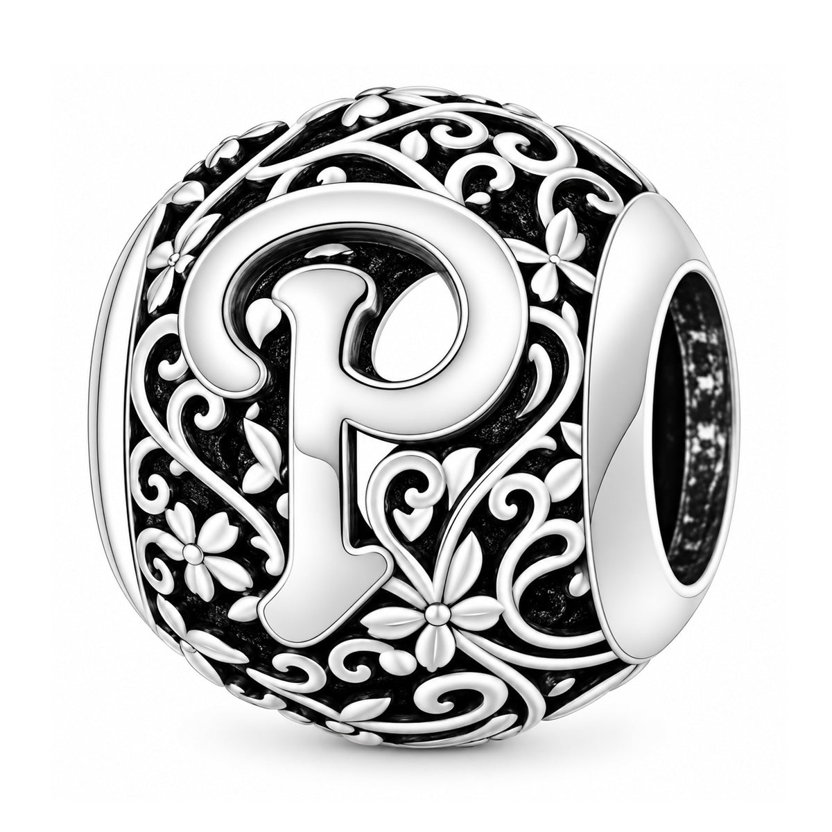 Sterling silver round alphabet charm - P