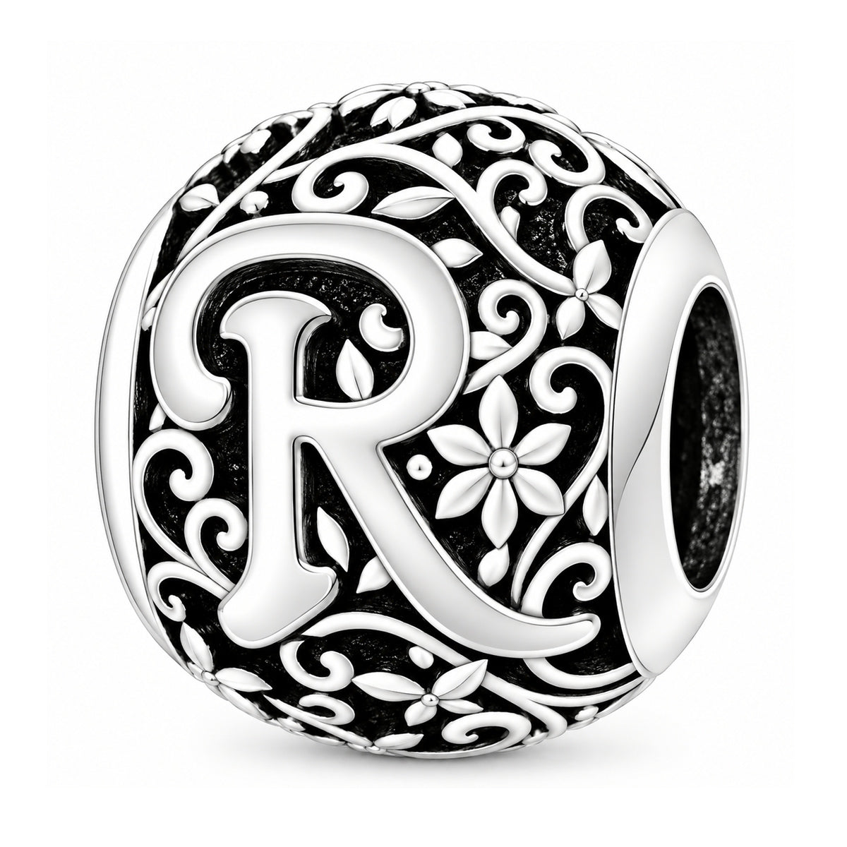 Sterling silver round alphabet charm - R