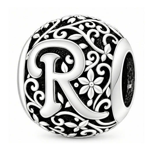 Sterling silver round alphabet charm - R
