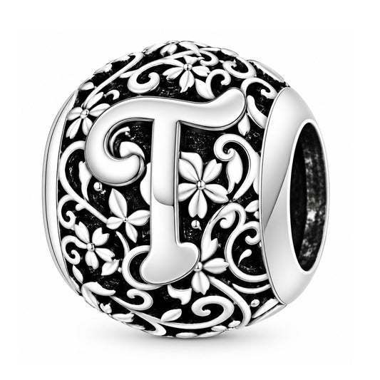 Sterling silver round alphabet charm - T