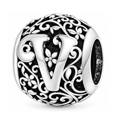 Sterling silver round alphabet charm - V