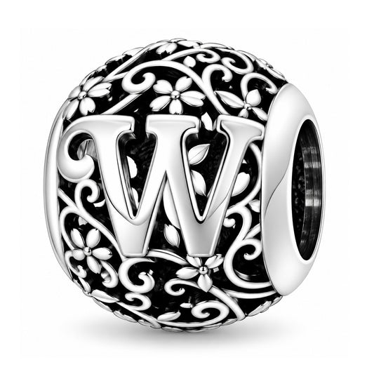 Sterling silver round alphabet charm - W