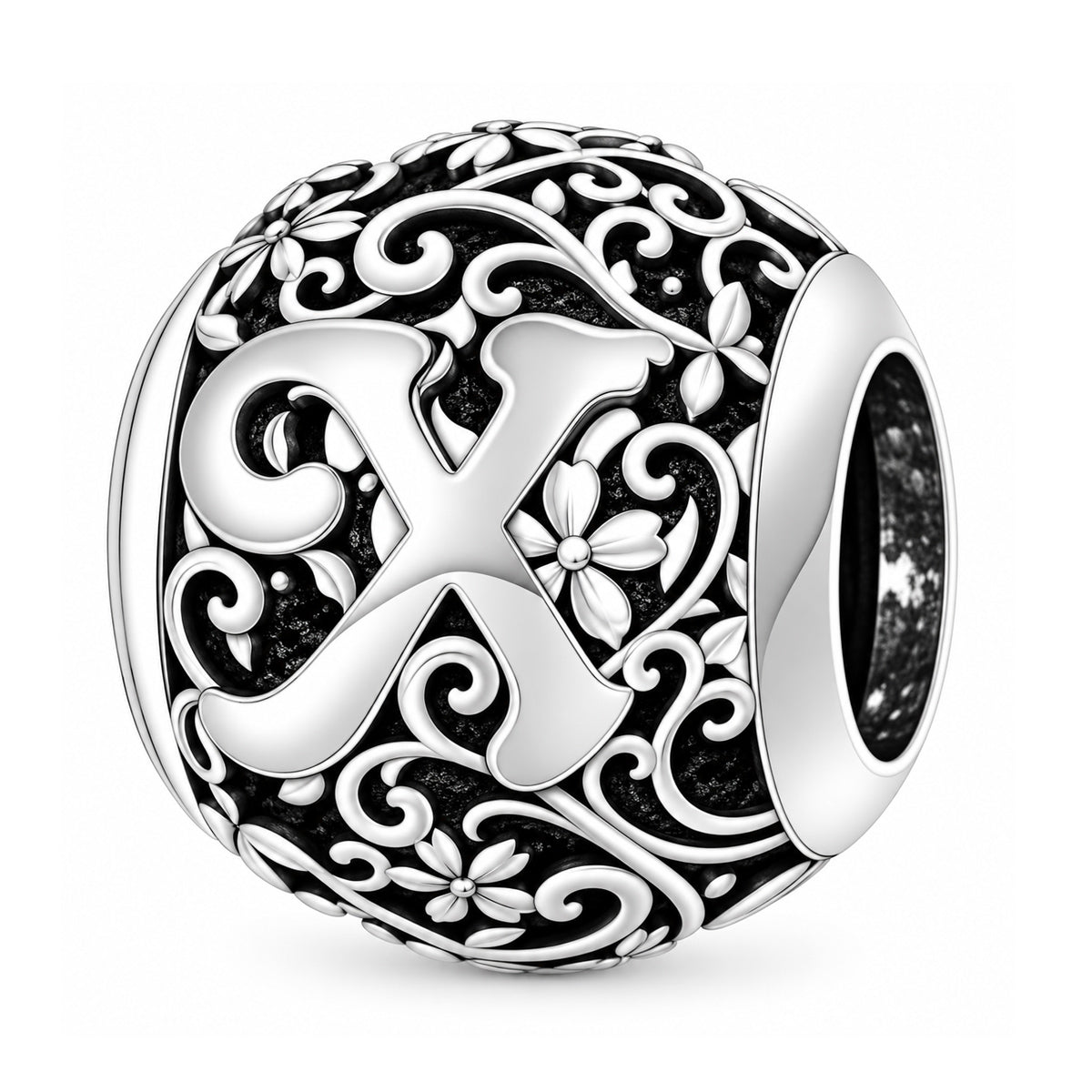 Sterling silver round alphabet charm - X