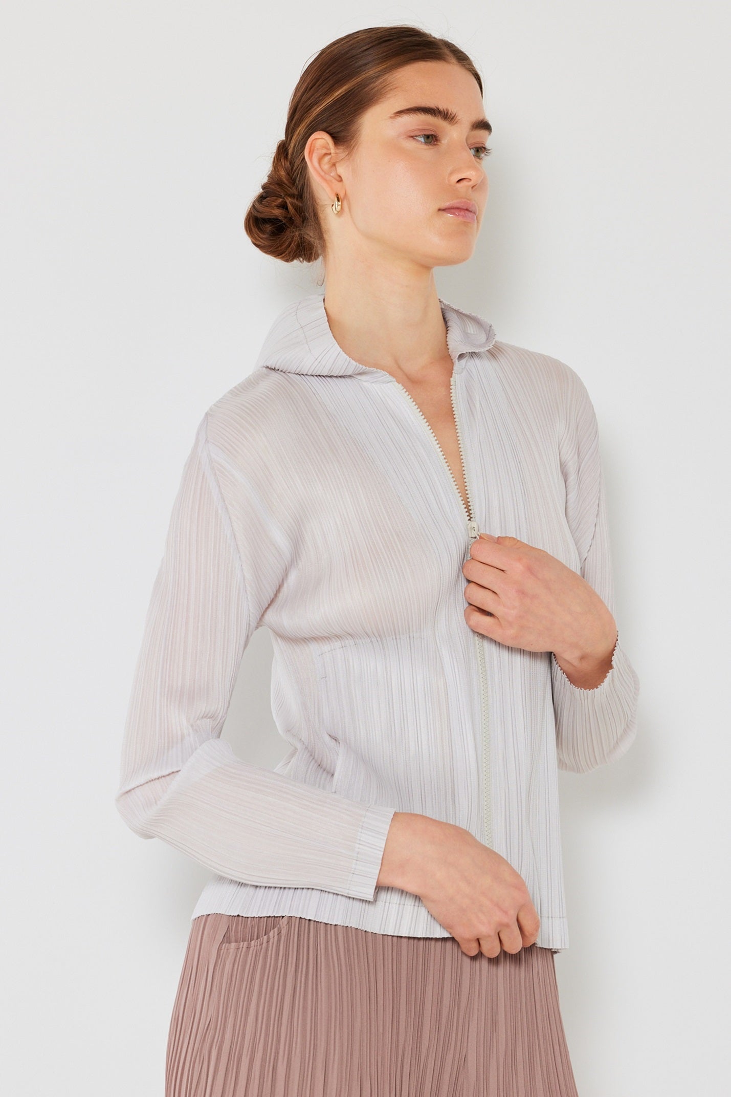 Marina West Pleated Jacket with Two-Way Zipper (J01HD) - Light Gray