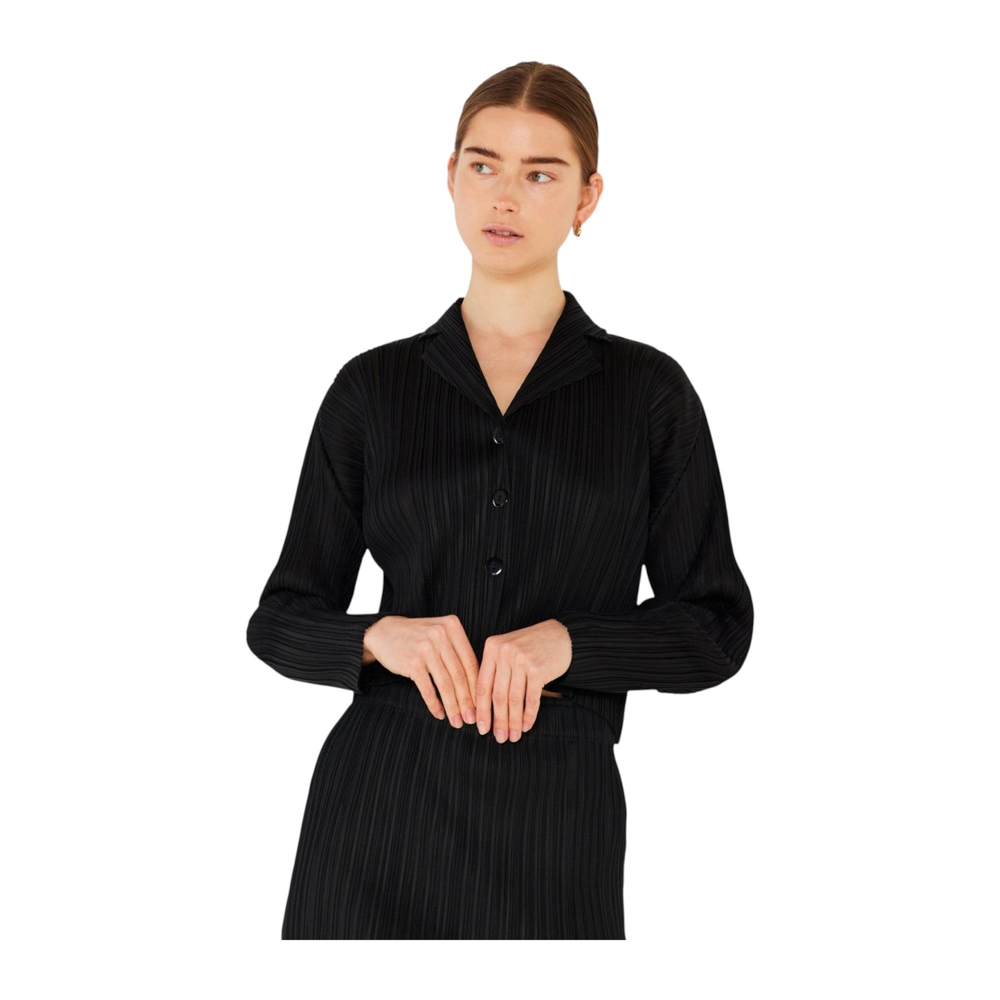 Marina West J03CR Pleated Cropped Button-Up Top