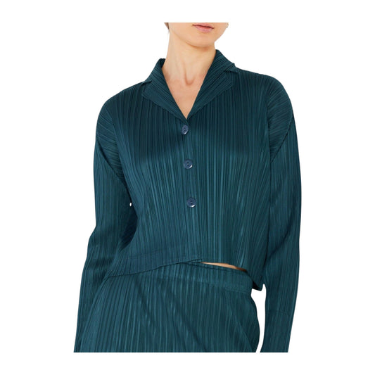Marina West Pleated Cropped Button-Up Top (J03CR) - Deep Green