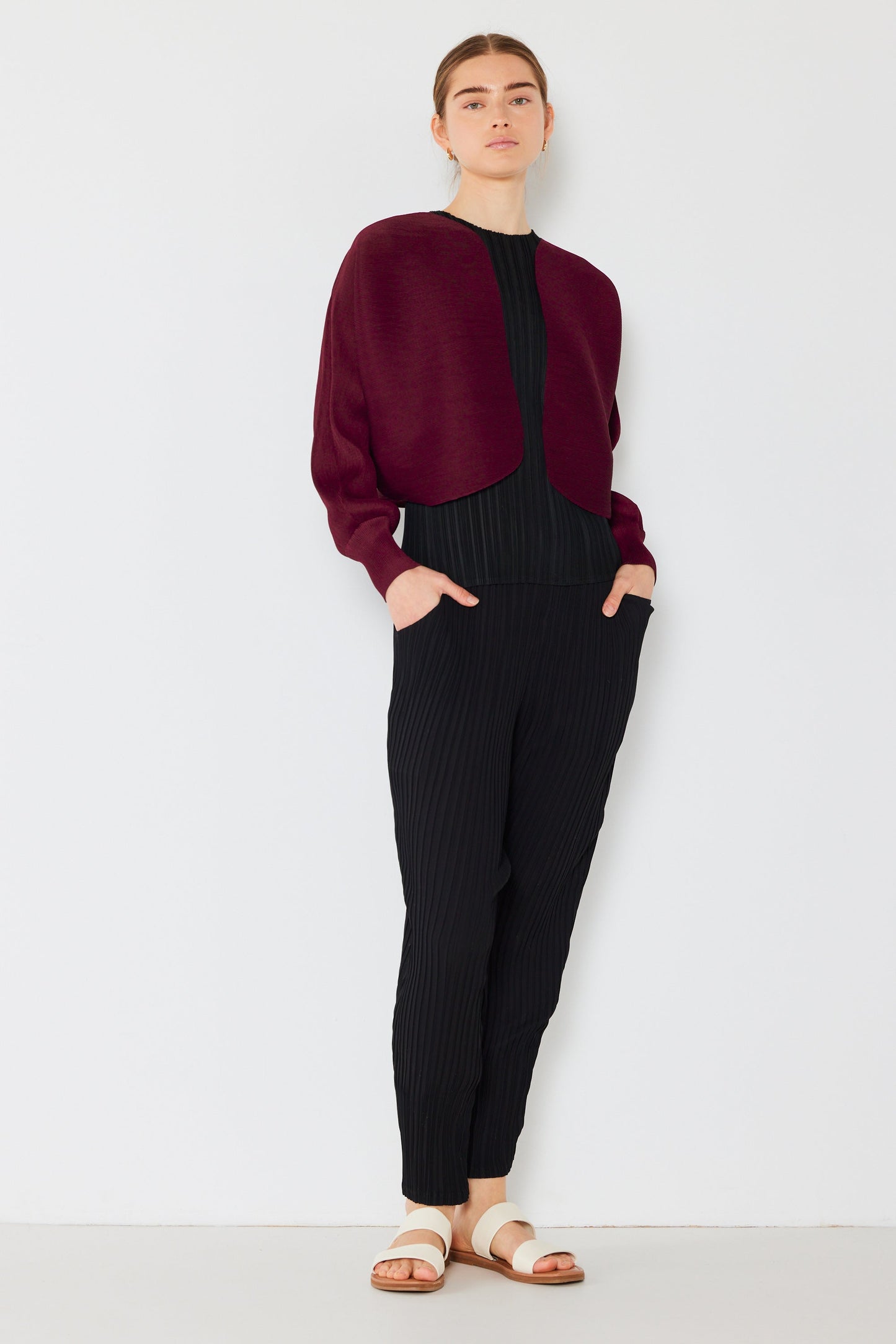 Marina West Pleated Puff Sleeve Bolero Jacket (J04SR) - Wine