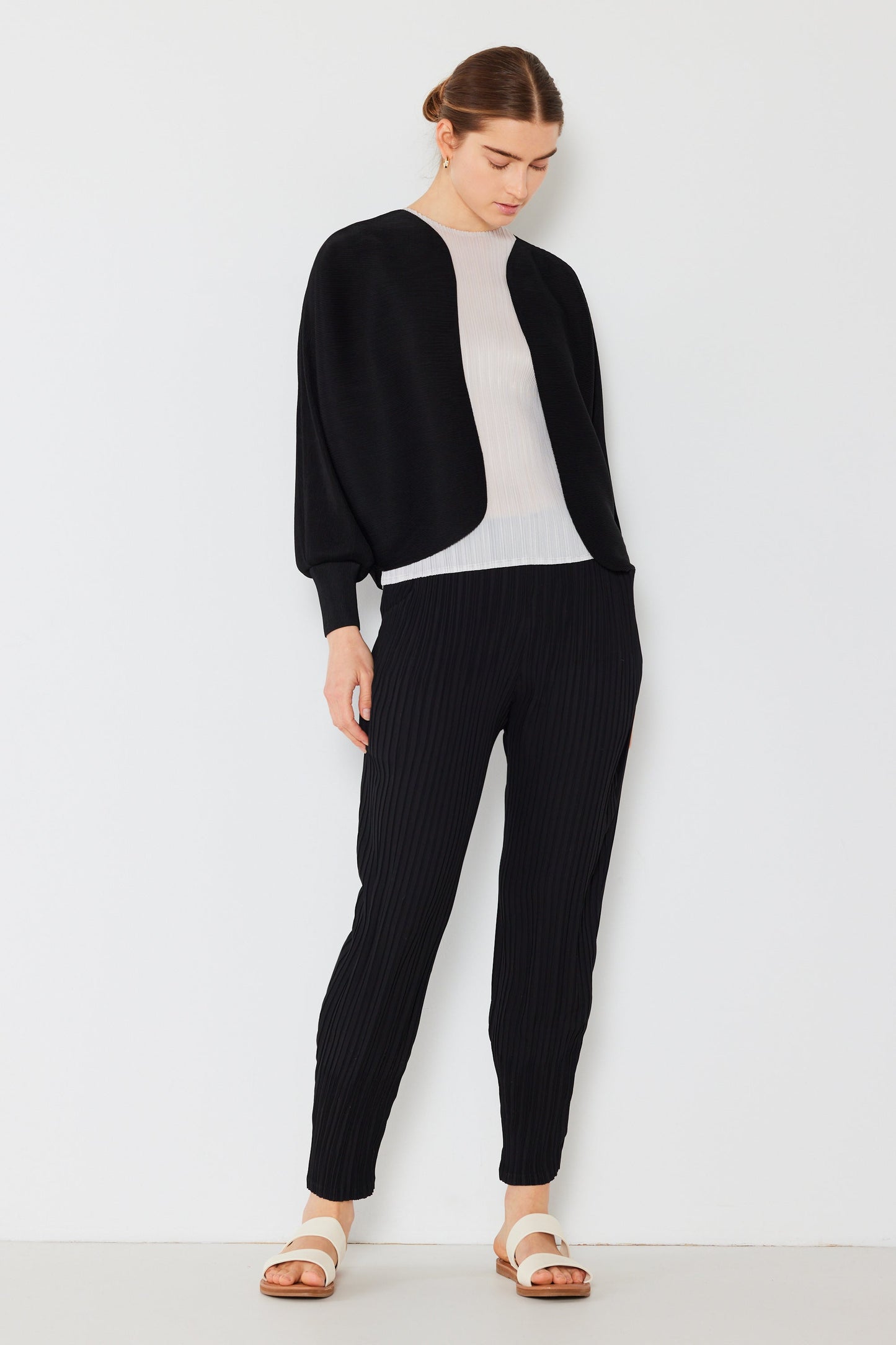 Marina West Pleated Puff Sleeve Bolero Jacket (J04SR) - Black