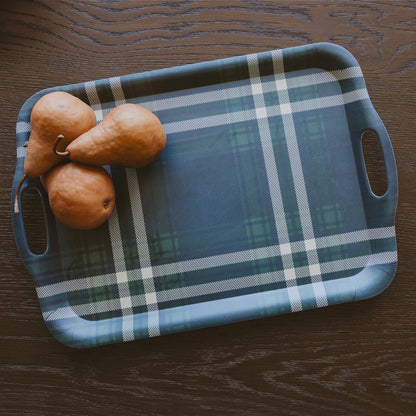 Navy Green Plaid Large Melamine Tray with Handles