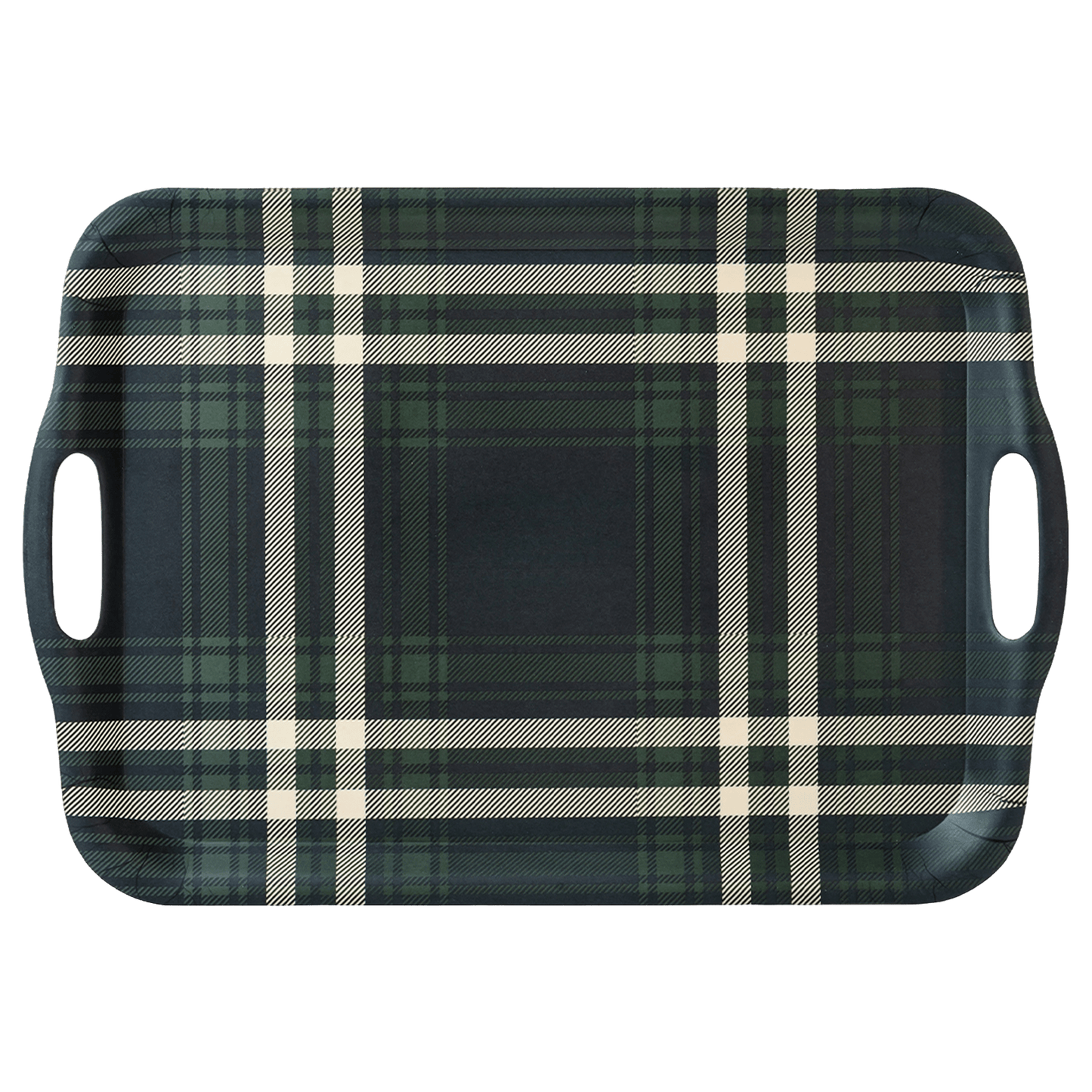 Navy Green Plaid Large Melamine Tray with Handles