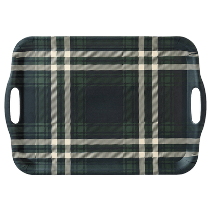Navy Green Plaid Large Melamine Tray with Handles