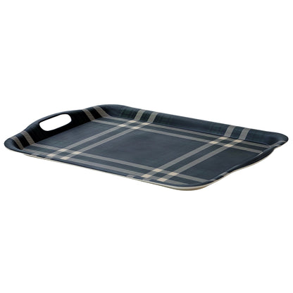 Navy Green Plaid Large Melamine Tray with Handles
