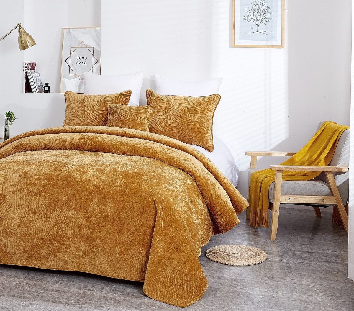 Tache Plush Dreams Melted Gold Waves Velvet Quilt Set (JHW-852Y)