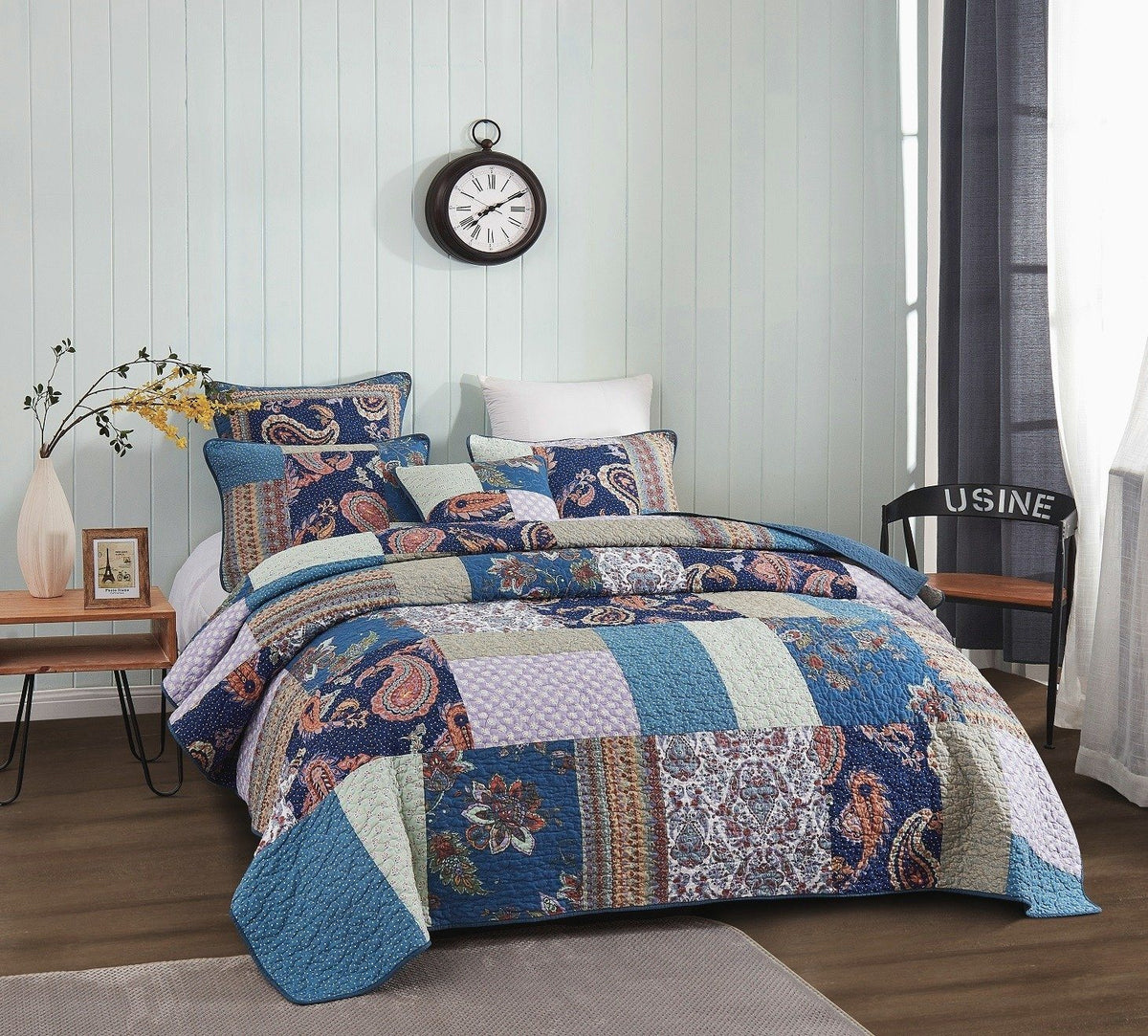 Tache Bohemian Night Flower Paisley Floral Navy Blue Pastel Cotton Patchwork Quilt Set (JHW-882)
