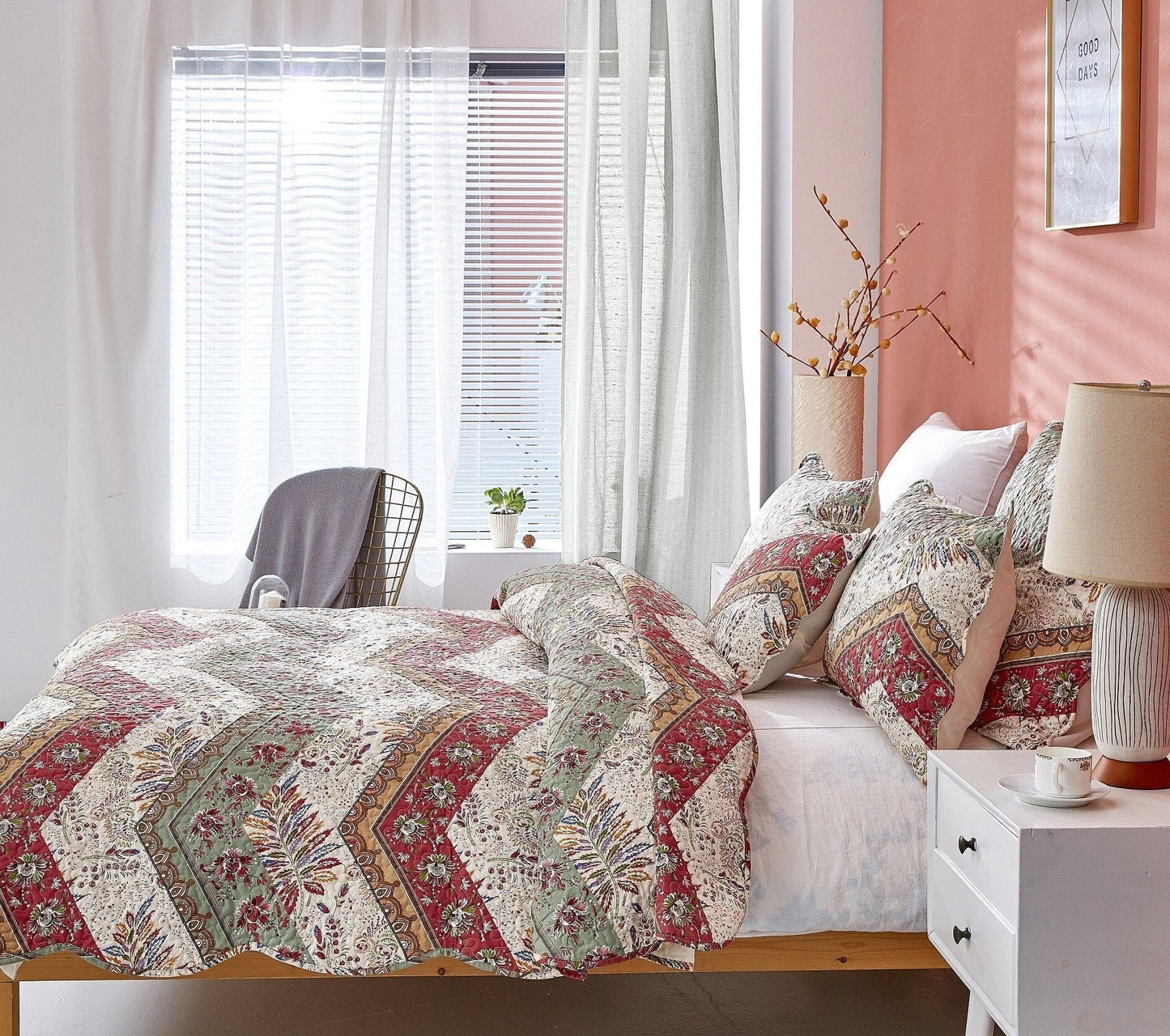 DaDa Bedding Cranberry Sage Floral Chevron Quilt Set - Lightweight Bedspread