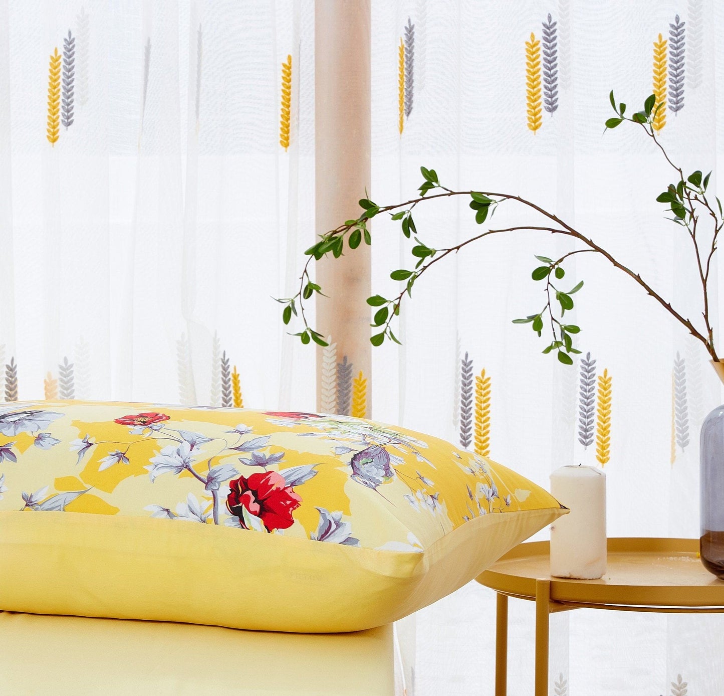 DaDa Bedding Yellow Hummingbird Duvet Cover, Sheets & Valance Set