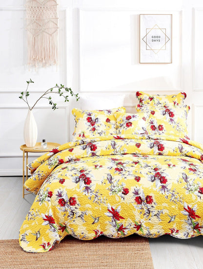DaDa Bedding Sunshine Yellow Hummingbird Floral Quilt Set